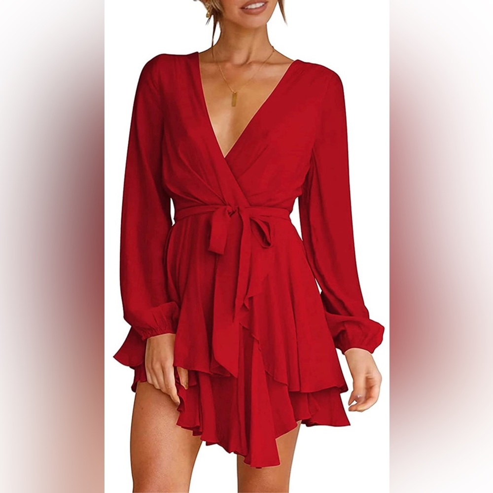 Women's Dress Deep V-Neck Long Sleeve Waist Tie Ruffle Mini Swing Skater